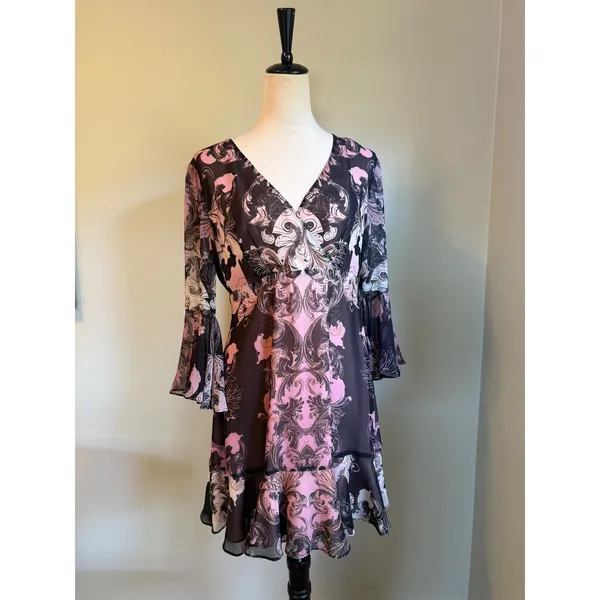 Boston Proper Pink Black Bell Sleeve Ruffle Mini Dress 8 dainty boho whimsi Y2K - Image 2