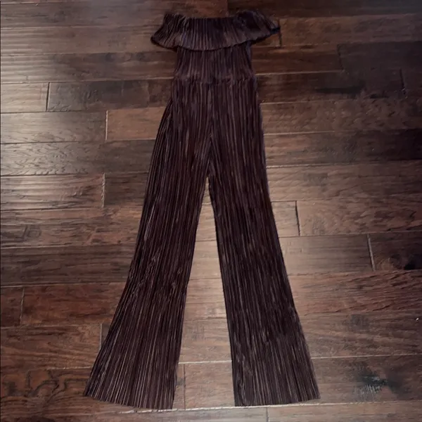 ASOS DESIGN plisse bardot wide leg jumpsuit in chocolate Medium - Image 3