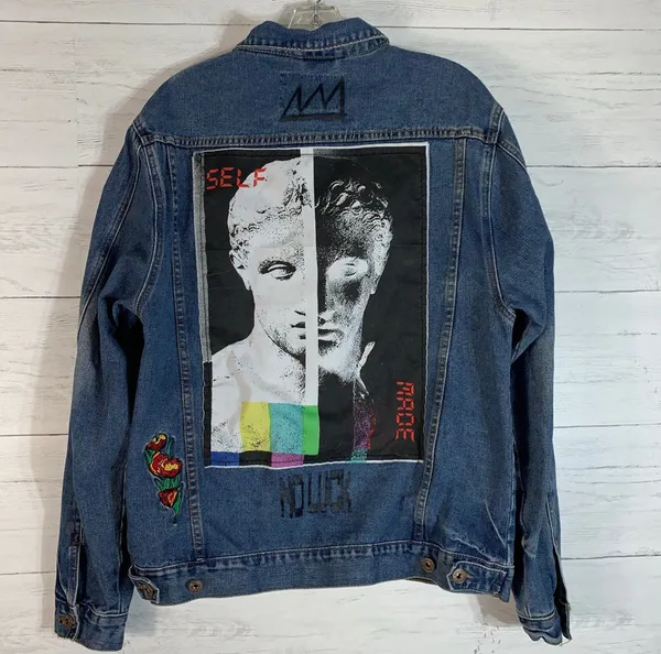 Brooklyn Cloth Jacket Embroidered Patches Denim Blue size L Juniors - Image 2