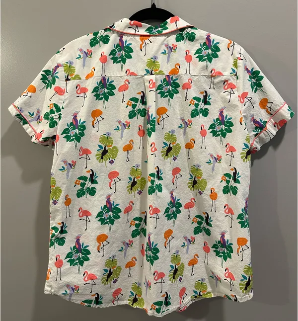 The Company Store Printed Cotton Poplin Button-Up Polo Flamingo Bird Print Pajama Top - Image 3