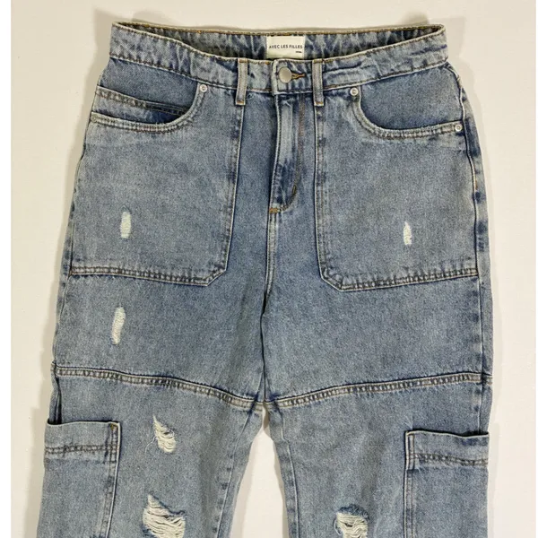 Avec Les Filles Distressed Utility Cargo Jeans Light Wash Wide Leg Size 28 - Image 2