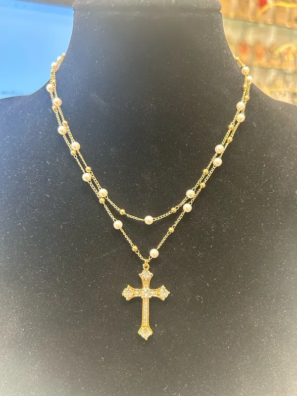 Guess Gold Pearl Layered Cross Necklace - Image 2