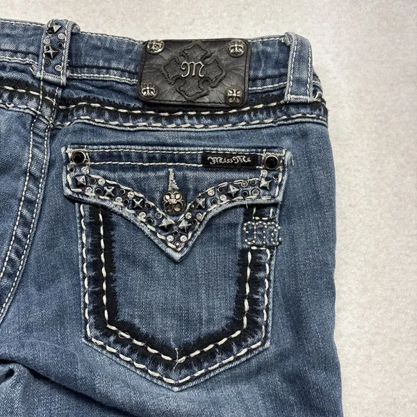 Miss Me Buckle Mid Rise Straight Embellished Flap Denim Blue Jeans 29/28 - Image 6
