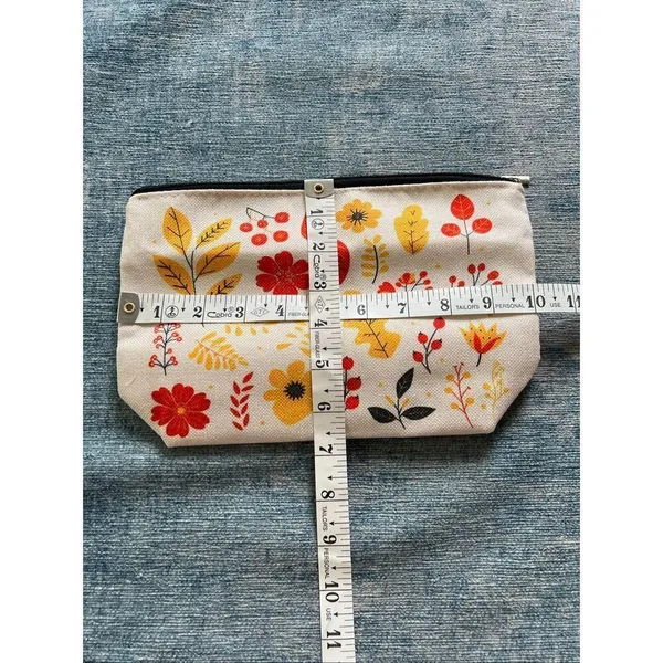 Cream Red Orange Leaf Cotton Canvas Small Makeup Bag Travel Toiletry Pouch - Image 5