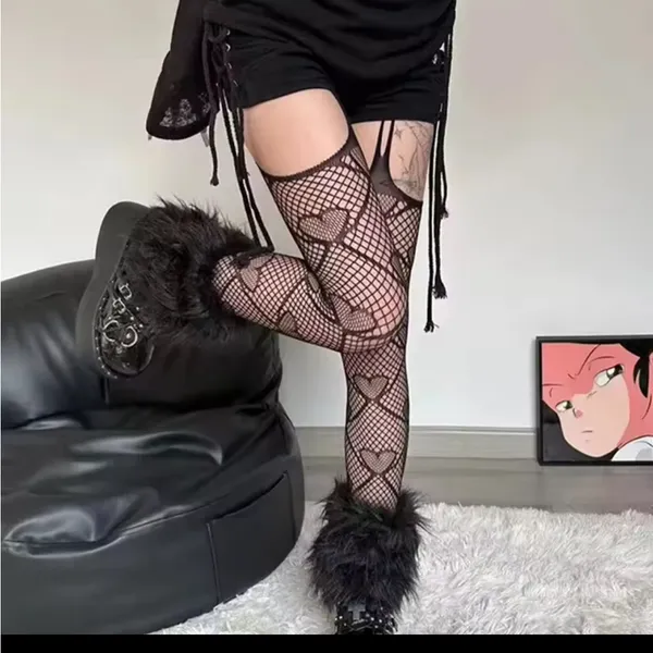 Black Fishnet Heart Tights - Image 2