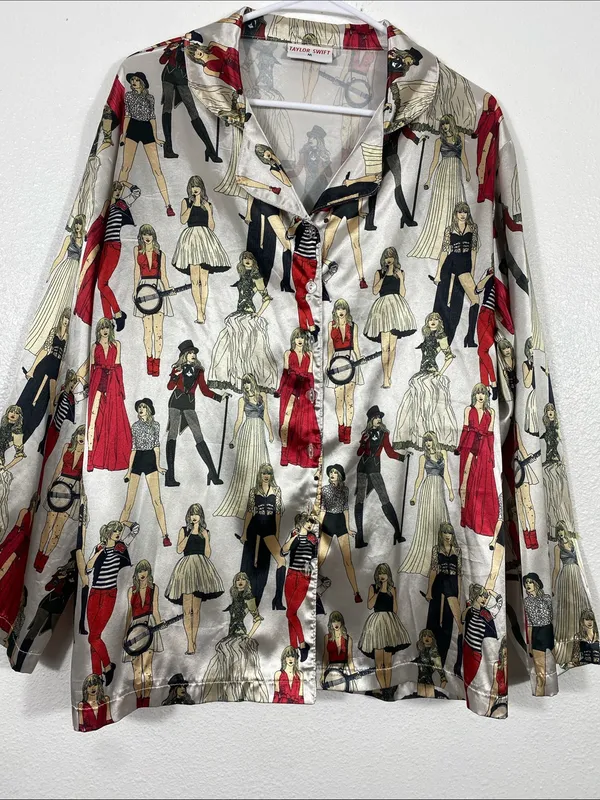 Taylor Swift Cream Button-Down Top with Red & Black Figurine Print Size M - Image 3