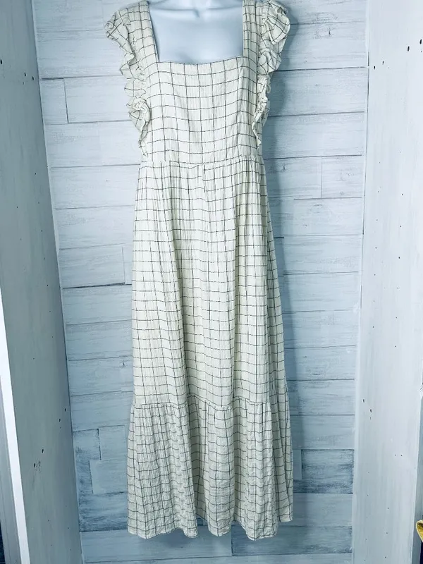 Evereve Window Pane Maxi Checkered Cream and Navy Sleeveless Dress Size Small - Image 3