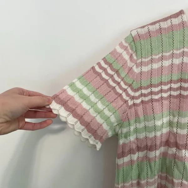 ALFRED DUNNER White Mauve Pink Green Chevron Striped Short Sleeve Sweater Top L - Image 7