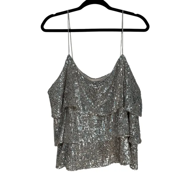 Express Silver Sequin Tiered Camisole V-Neck Spaghetti Strap Tank Top XL 02496 - Image 9