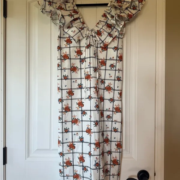 Zara Floral‎ Grid Print Ruffle V-Neck Midi Dress White Orange Small - Image 4