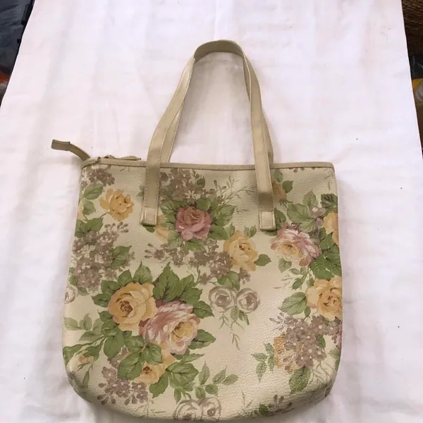 90s Cream and tan floral flower floral vintage tote shoulder hand bag purse Measurement in pics - Image 2