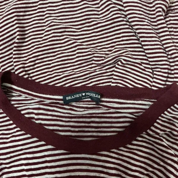Brandy‎ Melville Burgundy White Striped One Size Cotton T Shirt - Image 3