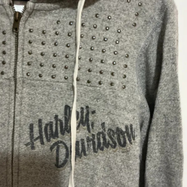 Harley Davidson Studded Zip Up‎ Hoodie Jacket Womens Small Grey Smokin Chicago - Image 2