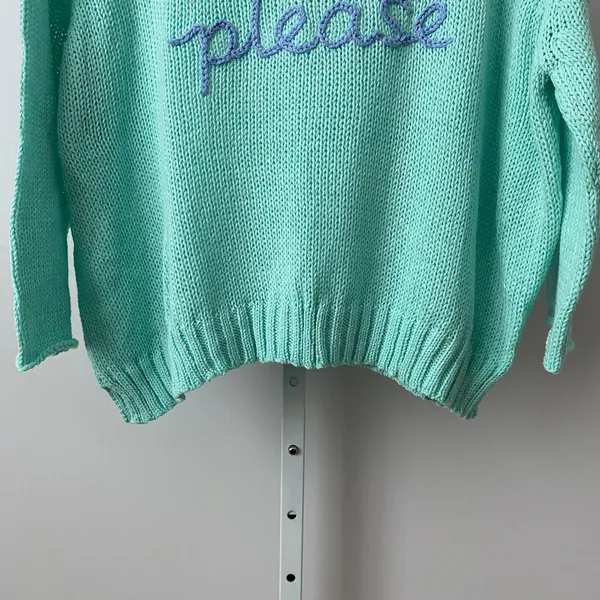 Wooden Ships Cotton Beachy Coastal Beach Please Graphic Knit Sweater XS/S Mint‎ - Image 3