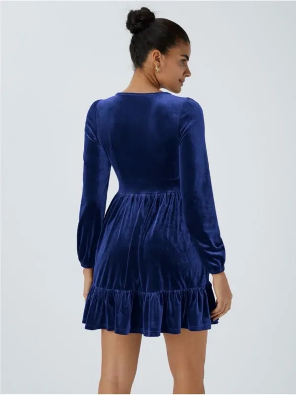 Halara Royal Blue Velvet Deep V Neck Long Sleeve Ruffle Hem Dress Size Small NEW - Image 3