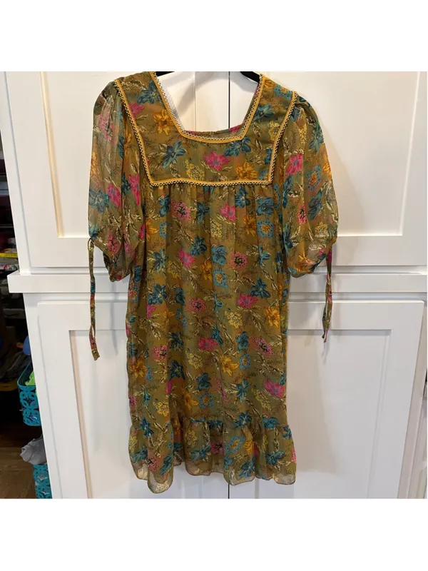 Rapsodia Boho Floral Mini Dress Square Neck Gold Beaded Trim Size S Puff Sleeve - Image 14