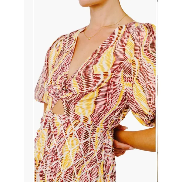 CIEBON Allicent Twist Front Puff Sleeve Midi Dress Size Medium Cutout Beaded - Image 10