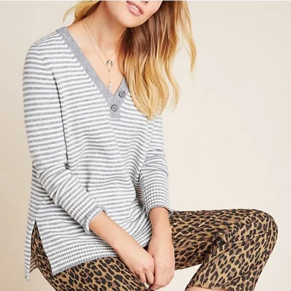By Anthropologie Sweater Women's Large Serena Striped Button V-Neck‎ Gray Cream - Image 2