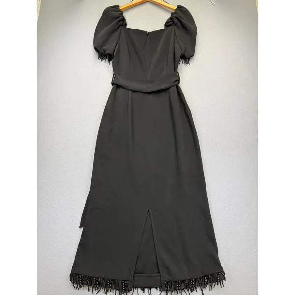 ELLIATT Black‎ Beaded Fringe Puff Sleeve Square Neck Midi Dress Womens Large L - Image 11