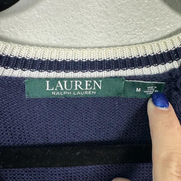 Lauren Ralph Lauren Blue Nautical Lace Up Knit Short Sleeve Shirt Women's Medium - Image 4