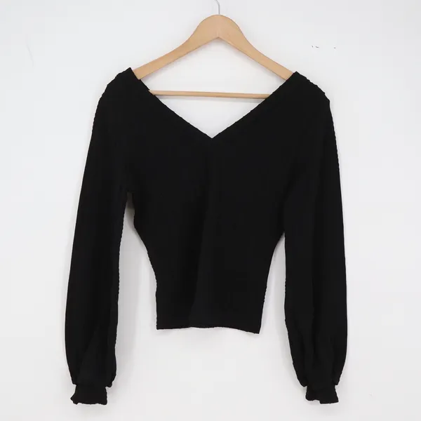 ARAVE Top Womens M Balloon Sleeve Black V-Neck Ribbed Textured Excellent - Image 5