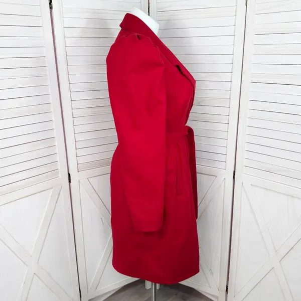 OnTwelfth Coat Women Size XL Red Puff Shoulder Sleeve Belted‎ Trench Long Cherry - Image 3
