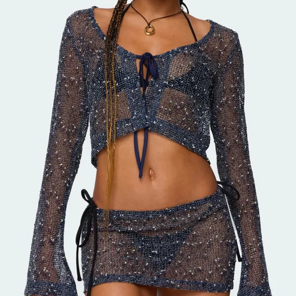 Edikted Idra Crochet Net Tie Front Top NWT size small navy - Image 3