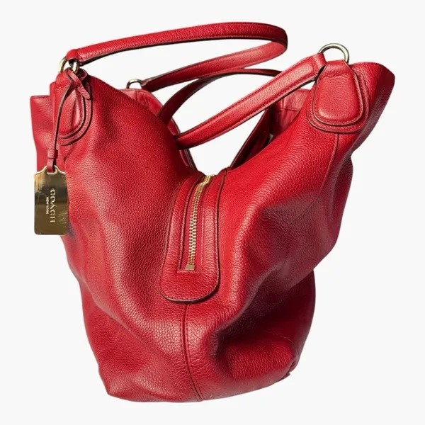 Coach Edie Pebbled Leather Shoulder Bag Red Large Hobo Tote Turnlock Zip Purse - Image 8