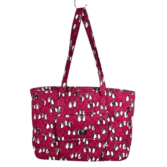Vera Bradley‎ Quilted Playful Penguins Turnlock Tote Bag Crimson Red Retired - Image 2