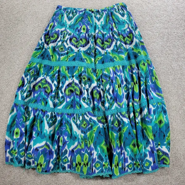 Vintage Notations A-line Skirt Womens L Blue Boho Watercolor Tiered Flowy Hippie - Image 10