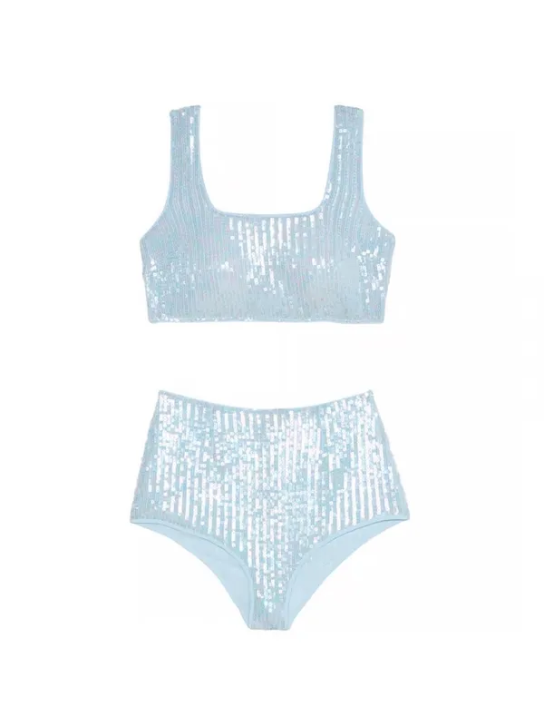 Victorias Secret Iridescent Sequin 2 Piece Set Lingerie Crop Top Panty Blue NEW - Image 5