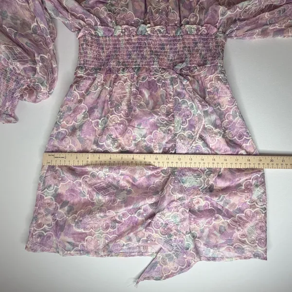 Elliatt Resorts Mini Dress Medium Lilac Multi Floral Embroidered Smocked Cottage - Image 15