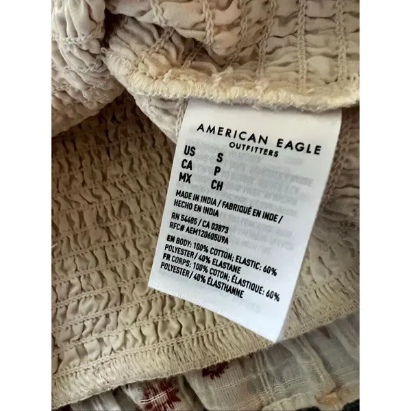 American Eagle Ivory Brick Red Crop Smocked Puff Sleeve Peasant Top Small - Image 4
