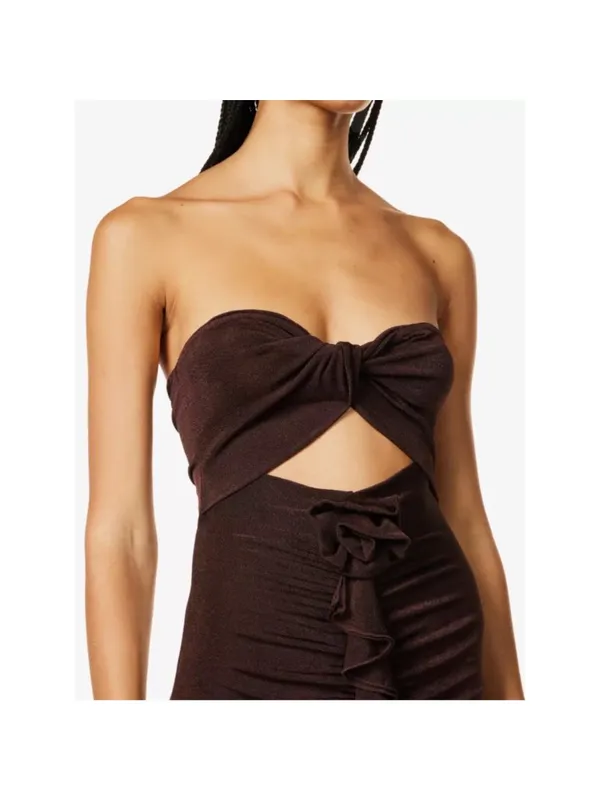 AmyLynn‎ Twist Front Rosette Maxi Dress Small Wedding Guest Romantic Chic Brown - Image 2
