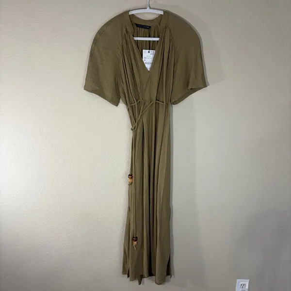Zara Dress Womens Sz XS Khaki Olive Midi Pleated Tie Waist Contemprorary Beachy - Image 3