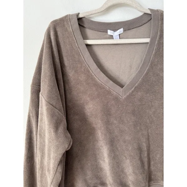 Beyond Yoga Tropez Crop Pullover Size XL Terry Cloth Birch Brown Slouchy V Neck - Image 5
