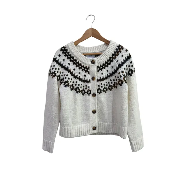 Old Navy Womens Fair Isle Cardigan Sweater Cream‎ Brown Blue Button Front Small - Image 2