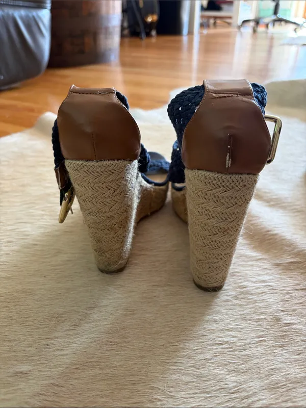 Steve Madden Navy Braided Espadrille Wedges with Tan Trim - Image 3