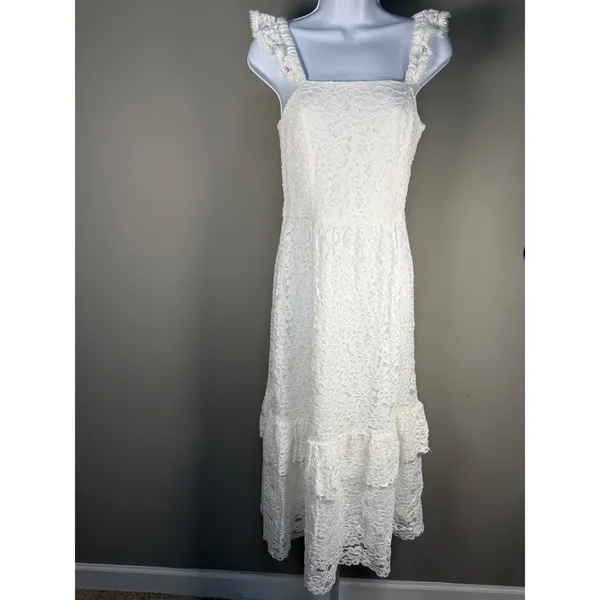 Draper James White Lace Ruffle Strap Midi Dress‎ Southern Bridal Cottagecore S - Image 2