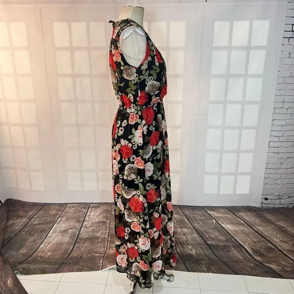 Disney beauty & the beast black red floral sleeveless maxi size medium - Image 4