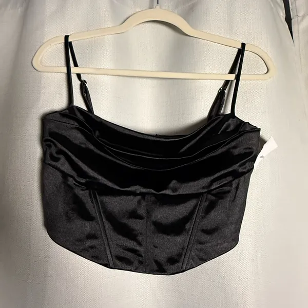 Lovesome Black Satin Spaghetti Strap Bustier Cowl Crop Top Size Large - Image 2