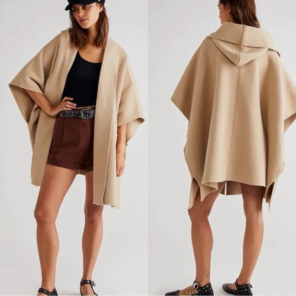 FREE PEOPLE All I Need Cozy Duster Beige Cape Kimono Hood Sweater Cardigan - Image 3