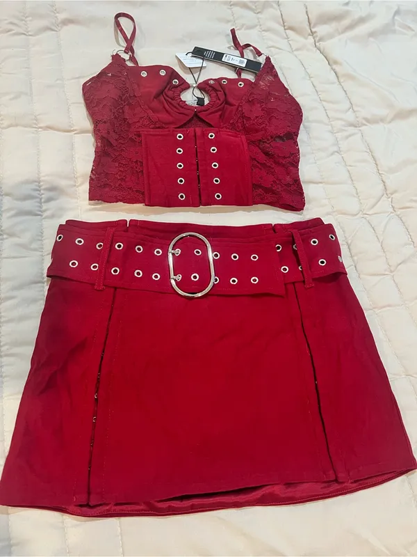 Red Lace-Trim Grommet Mini Dress Set - Women - Image 3