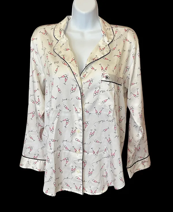 Victoria’s Secret Satin Feel Champagne Print Pajama Top Medium White Pink Black - Image 3