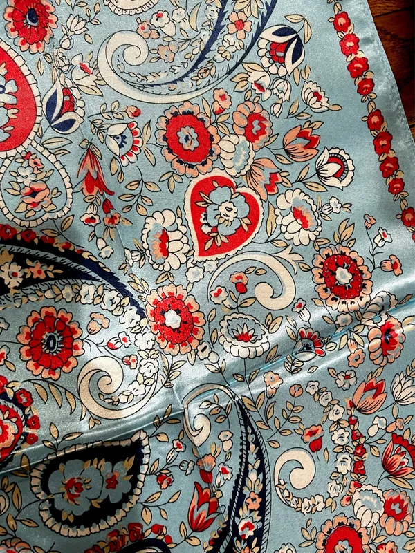 VINTAGE aqua blue paisley super boho print oversized silky scarf 35/35 - Image 3