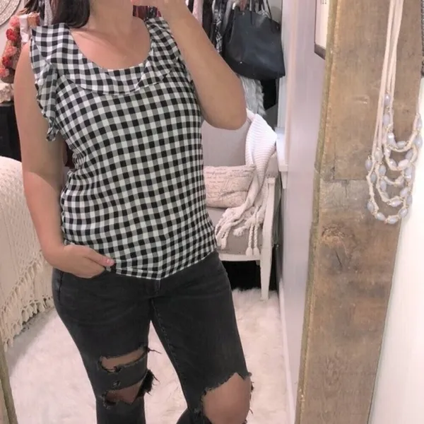 LOFT size small black checkered ruffle top - Image 2