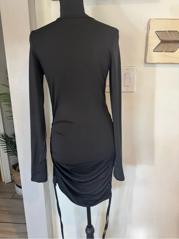 Long Sleeve Black Ruched Mini Dress - Image 2