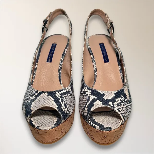 Stuart Weitzman 7.5 Snake Print Embossed Cork‎ Wedge Slingback Peep Toe Sandals - Image 5