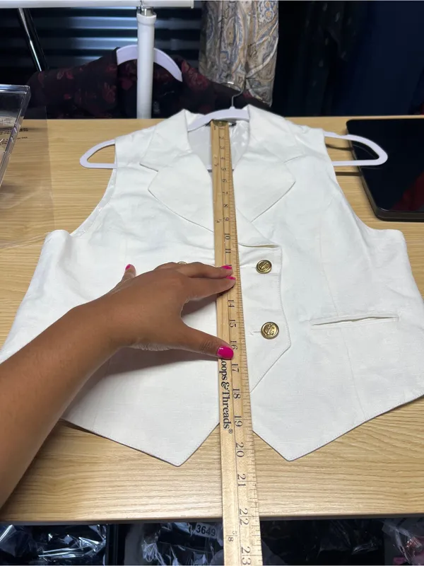 Vintage 90s Ivory Linen Blend Double Breasted Vest Gold Buttons M - Image 12