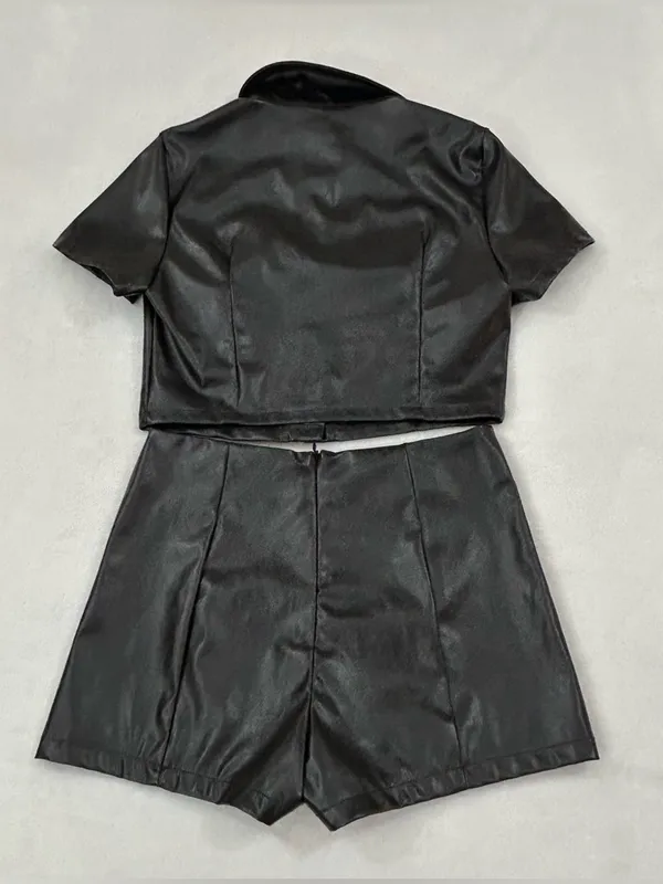 Black Faux Leather Snap Button Short Sleeve Crop Top & Matching Shorts Womens XS - Image 6